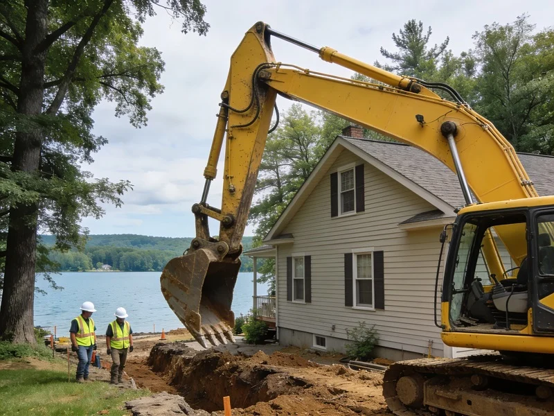Excavation contractor replacing sewer line at a lakefront property